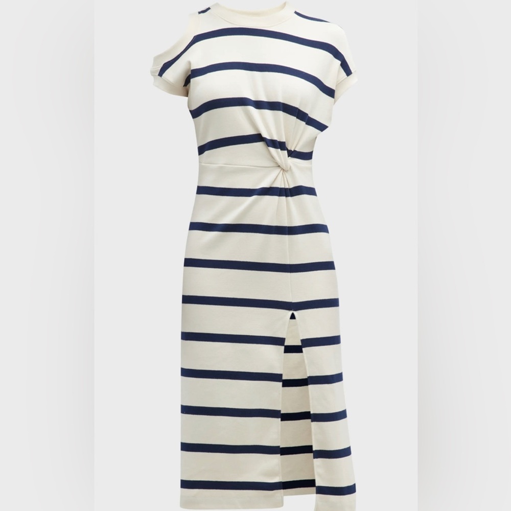 Tanya Taylor Cream and Navy Striped Midi Dress